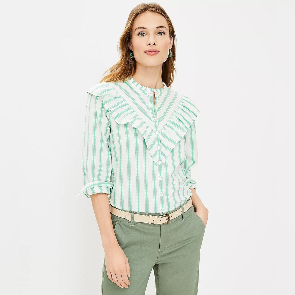 LOFT Dobby Ruffle Green Stripe Blouse SP